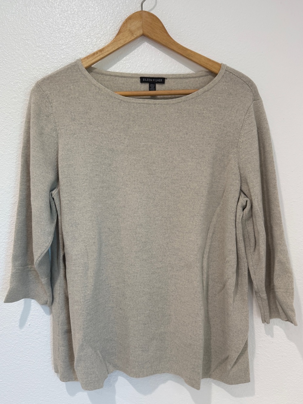 Eileen Fisher Beige Italian Wool Knit Boat Neck Boxy Sweater Top Quiet Luxury L